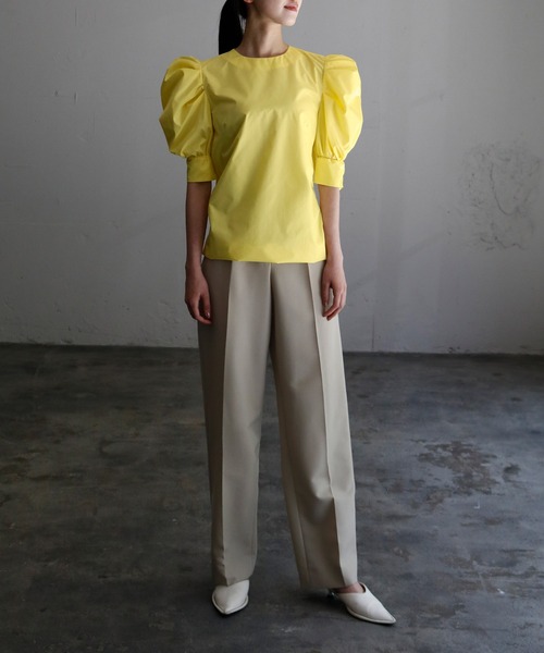 パワーショルダークルーネック半袖シャツブラウス