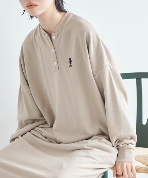 U.S. POLO ASSN.(ユーエスポロアッスン)の「U.S. POLO ASSN. /ユーエスポロアッスン 別注ワンポイント刺繍ロゴ オーバーサイズラガーシャツワンピース(ワンピース・レディース・ブラック/オレンジ/モスグリーン/ブラック×ベージュ/ネイビー/モカ/グレイッシュベージュ/ネイビー系1/ブラック×ホワイト/グリーン系1/オートミール・FREE)」の7枚目の写真