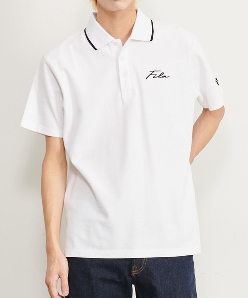 FILA（フィラ）の「【FILA/フィラ】WEB限定 別注 ワンポイント 筆記体刺繍 綿100% 襟ライン 半袖ポロシャツ（ポロシャツ・メンズ・ホワイト/ブラック/ネイビー/ネイビー系9/ブラック系9/ホワイト系9・LL/S/M/L/3L）」の2枚目の写真