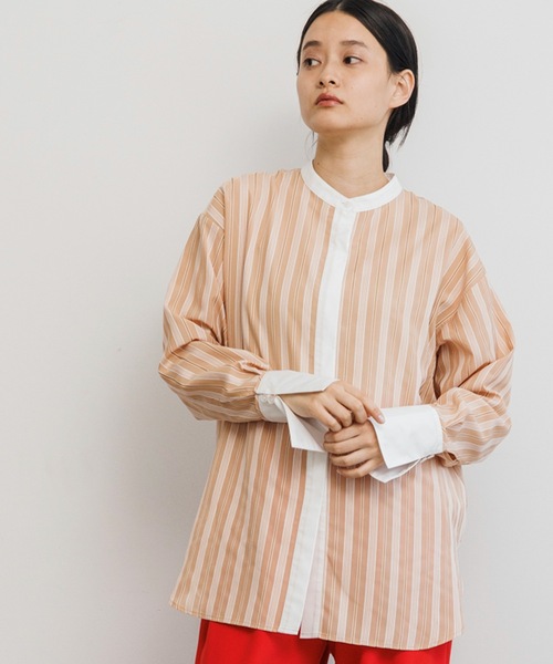 Emma Taylor(エマテイラー)の「クレリックシアーマルチストライプシャツ(シャツ/ブラウス・レディース・サックスブルー/オレンジ/ミント・FREE)」の4枚目の写真