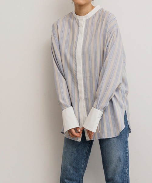 Emma Taylor(エマテイラー)の「クレリックシアーマルチストライプシャツ(シャツ/ブラウス・レディース・サックスブルー/オレンジ/ミント・FREE)」の6枚目の写真
