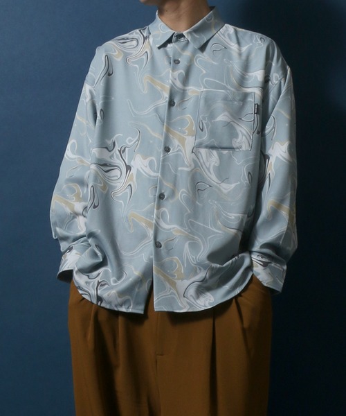 ANPAS（アンパス）の「Georgette Total Pattern Print Oversize Thickness Shirt/ジョーゼット 総柄プリント オーバーサイズ とろみシャツ（シャツ/ブラウス・メンズ・ホワイト/チャコールグレー/ブラック/ブラウン/ブルー/グリーン/アイボリー/ブラック系その他/ブラウン系その他・M/L）」の11枚目の写真