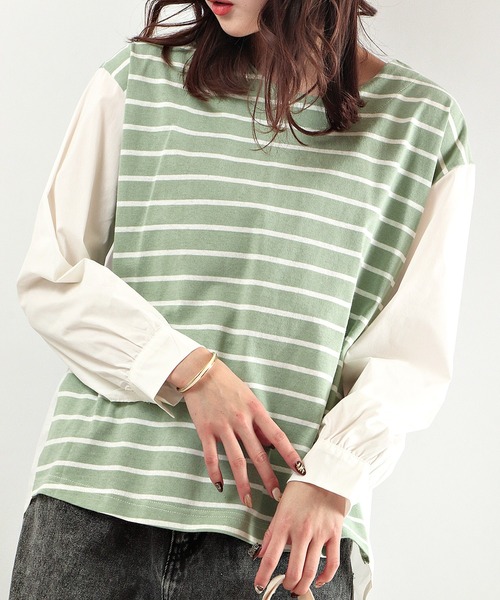 FUNALIVE(ファンアライブ)の「je crois soi 布帛切替ボーダーカットソー(Tシャツ/カットソー・レディース・ネイビー/グレー/グリーン・FREE)」の1枚目の写真