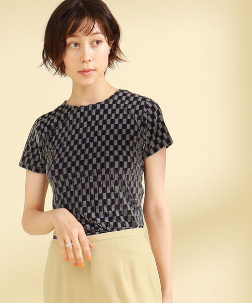 Ray BEAMS(レイビームス)の「Ray BEAMS / オパール チェック ハーフスリーブ Tシャツ(Tシャツ/カットソー・レディース・オリーブ/オレンジ・ONE SIZE)」の3枚目の写真