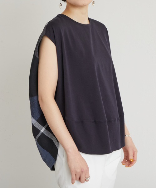 BEARDSLEY（ビアズリー）の「リネンビッグチェックカットソー（Tシャツ/カットソー・レディース・ライトグレー/ネイビー・FREE）」の5枚目の写真