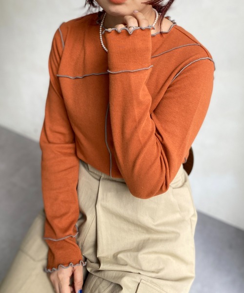 CPCM（シーピーシーエム）の「メローリブインナー（Tシャツ/カットソー・レディース・アイボリー/ブラック/モカ/サックスブルー/オレンジ・FREE）」の5枚目の写真