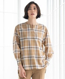 【洗える】オータムチェック キーネックブラウス