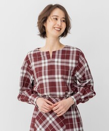 【洗える】オータムチェック キーネックブラウス