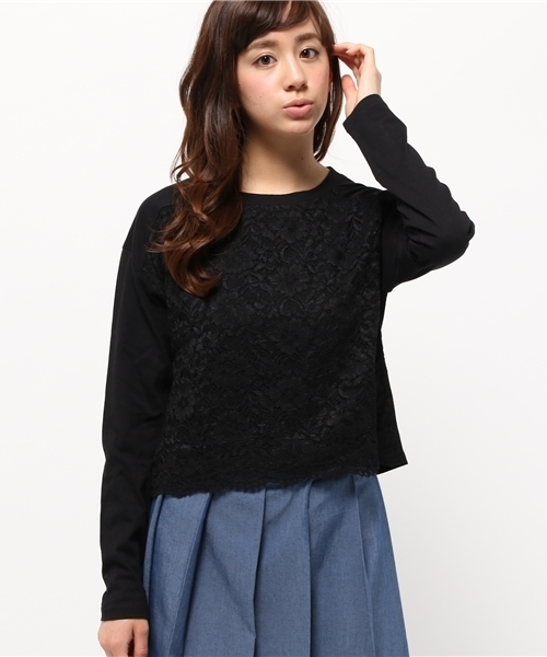 OUTLET(アウトレット)の「【who's who Chico】レース切替プルオーバー(Tシャツ/カットソー・レディース・ブラック/グレー/ホワイト・FREE)」の1枚目の写真