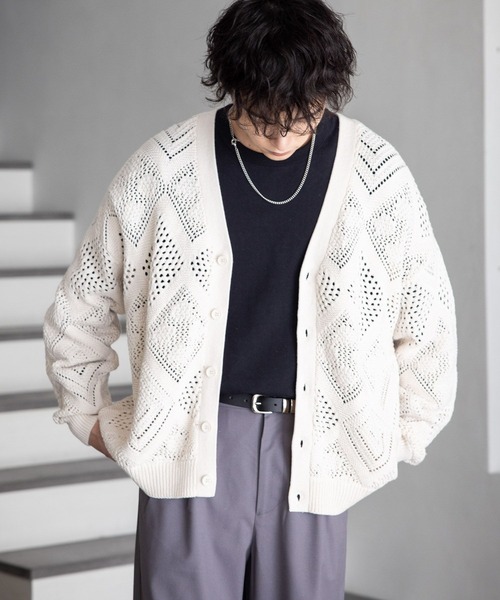 RAGEBLUE（レイジブルー）の「透かし編みニットカーディガン（カーディガン/ボレロ・メンズ・ブラック/オフホワイト/ブルー/グリーン・MEDIUM/LARGE）」の8枚目の写真