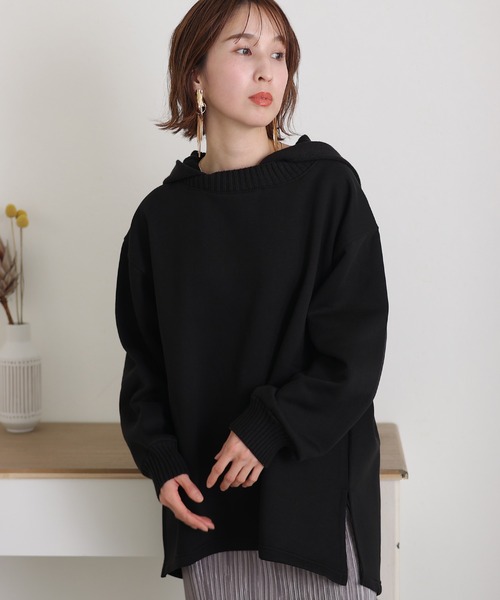 ElegChic(エレグシック)の「ニットドッキング裏起毛パーカー(Tシャツ/カットソー・レディース・ライトベージュ/杢グレー/ブラック/ライトカーキ・4L/XL/M)」の2枚目の写真