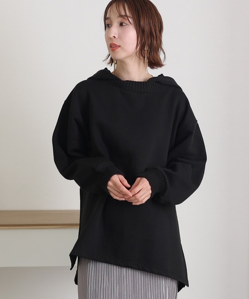 ElegChic(エレグシック)の「ニットドッキング裏起毛パーカー(Tシャツ/カットソー・レディース・ライトベージュ/杢グレー/ブラック/ライトカーキ・4L/XL/M)」の5枚目の写真