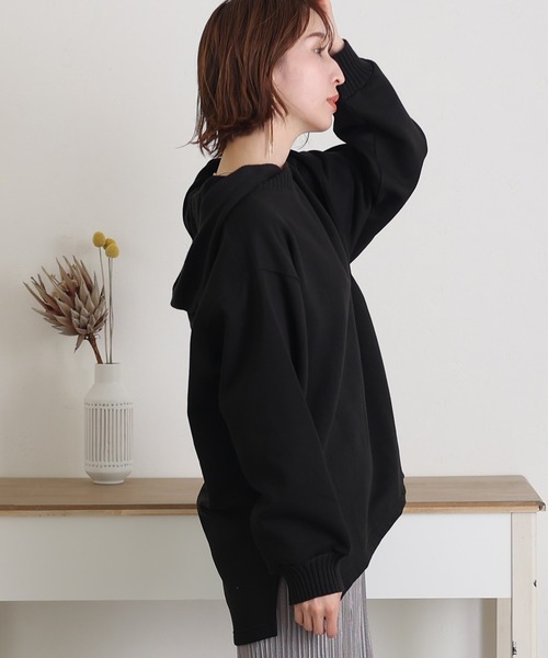 ElegChic(エレグシック)の「ニットドッキング裏起毛パーカー(Tシャツ/カットソー・レディース・ライトベージュ/杢グレー/ブラック/ライトカーキ・4L/XL/M)」の6枚目の写真