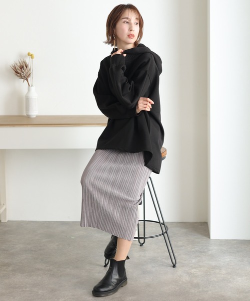 ElegChic(エレグシック)の「ニットドッキング裏起毛パーカー(Tシャツ/カットソー・レディース・ライトベージュ/杢グレー/ブラック/ライトカーキ・4L/XL/M)」の8枚目の写真