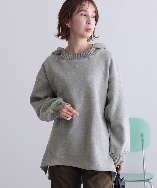 ElegChic(エレグシック)の「ニットドッキング裏起毛パーカー(Tシャツ/カットソー・レディース・ライトベージュ/杢グレー/ブラック/ライトカーキ・4L/XL/M)」の9枚目の写真