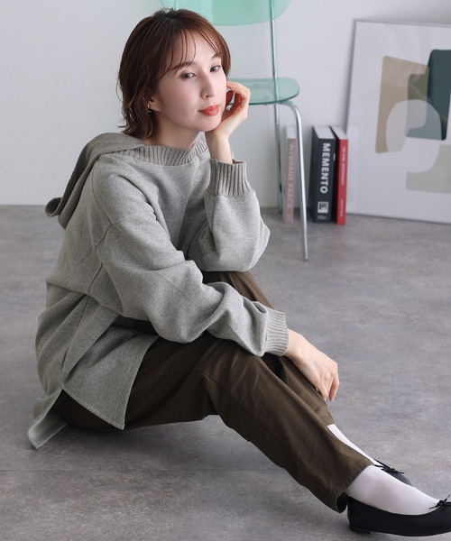 ElegChic(エレグシック)の「ニットドッキング裏起毛パーカー(Tシャツ/カットソー・レディース・ライトベージュ/杢グレー/ブラック/ライトカーキ・4L/XL/M)」の12枚目の写真