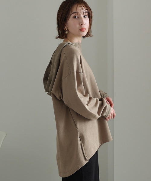 ElegChic(エレグシック)の「ニットドッキング裏起毛パーカー(Tシャツ/カットソー・レディース・ライトベージュ/杢グレー/ブラック/ライトカーキ・4L/XL/M)」の18枚目の写真