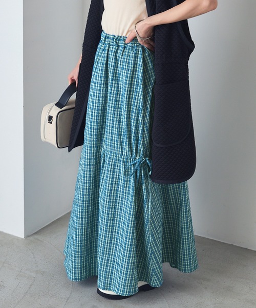 forksy.（フォルクシー）の「【forksy.】ドロストシャーリングフレアスカート（スカート・レディース・ブラック系/ブラック/ホワイト/ブルー系・FREE）」の4枚目の写真