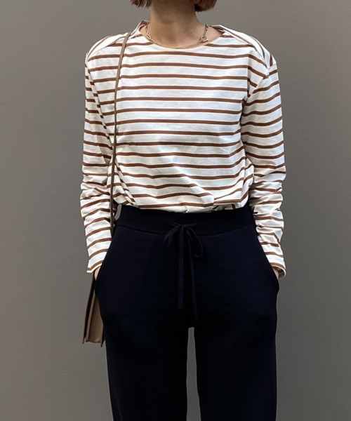 Liyoca(リヨカ)の「【Liyoca】オーガニックコットン長袖ボーダープルオーバー -手洗い可-(Tシャツ/カットソー・レディース・イエロー/スミクロ/ブラウン・FREE)」の3枚目の写真