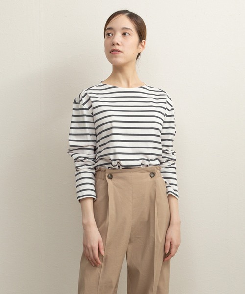 Liyoca(リヨカ)の「【Liyoca】オーガニックコットン長袖ボーダープルオーバー -手洗い可-(Tシャツ/カットソー・レディース・イエロー/スミクロ/ブラウン・FREE)」の6枚目の写真