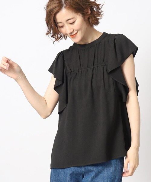 grove（グローブ）の「◆一枚で華やか！楊柳ギャザーフリルブラウス（シャツ/ブラウス・レディース・ブラック/ダークグリーン/ナチュラル・02/03/04/01/05）」の2枚目の写真