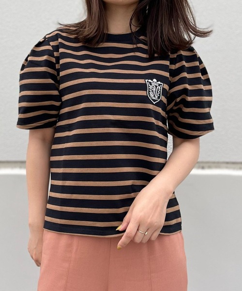 nina mew(ニーナミュウ)の「ボーダーワッペントップス(Tシャツ/カットソー・レディース・ホワイト/ベージュ・FREE)」の2枚目の写真