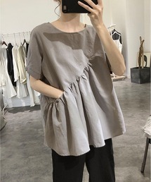 切替ギャザーシャツブラウス