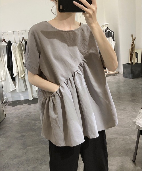 LOPASS(ロパス)の「切替ギャザーシャツブラウス(シャツ/ブラウス・レディース・ブラック/ライトベージュ/グレイッシュブルー/グレー/ホワイト・M/L)」の3枚目の写真
