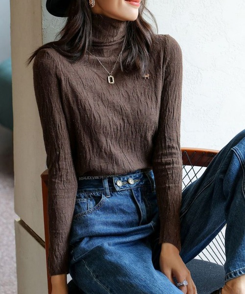 Mayree（メイリー）の「【AURORIA】ハイネックワッシャーニットトップス（ニット/セーター・レディース・ベージュ/ブルー/ホワイト/ブラック/ブラウン・FREE）」の4枚目の写真