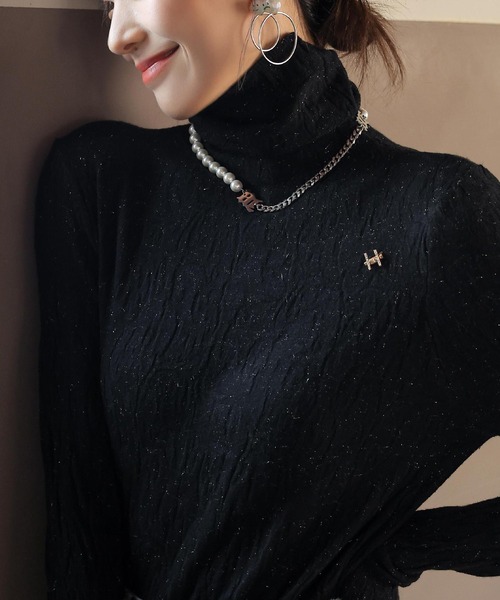 Mayree（メイリー）の「【AURORIA】ハイネックワッシャーニットトップス（ニット/セーター・レディース・ベージュ/ブルー/ホワイト/ブラック/ブラウン・FREE）」の3枚目の写真