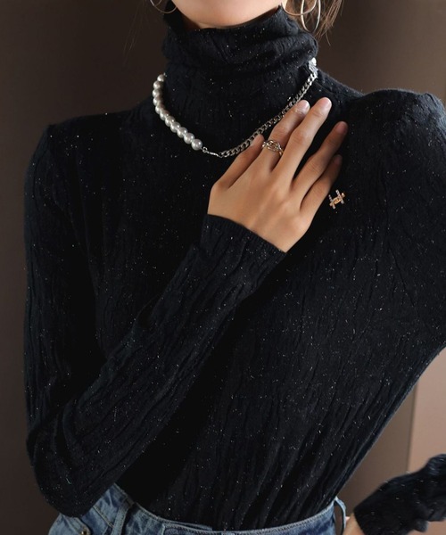 Mayree（メイリー）の「【AURORIA】ハイネックワッシャーニットトップス（ニット/セーター・レディース・ベージュ/ブルー/ホワイト/ブラック/ブラウン・FREE）」の6枚目の写真