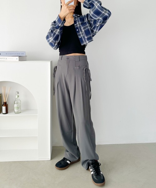 セール】サイドリボンハイウエストタックスラックス（スラックス