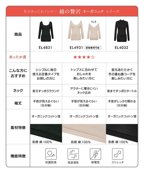 WING（ウイング）の「「綿の贅沢オーガニック」あったかインナー　8分袖（インナーウェア/肌着・レディース・ブラック/ベージュ・LL/L/M）」の17枚目の写真