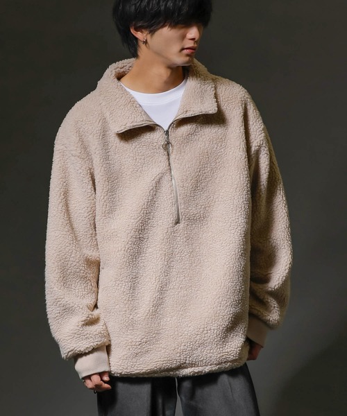 eftyus（エフティウス）の「ゆるもこボア × リング ハーフジップ スタンドカラーブルゾン（ブルゾン・メンズ・ブラック/カーキ/グリーン/ベージュ/モカ・L/LL/M）」の15枚目の写真