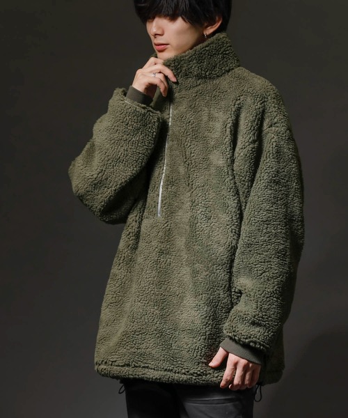 eftyus（エフティウス）の「ゆるもこボア × リング ハーフジップ スタンドカラーブルゾン（ブルゾン・メンズ・ブラック/カーキ/グリーン/ベージュ/モカ・L/LL/M）」の13枚目の写真