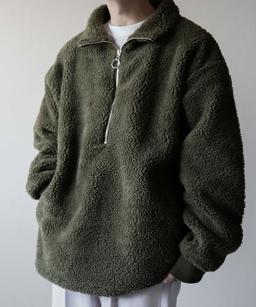 eftyus（エフティウス）の「ゆるもこボア × リング ハーフジップ スタンドカラーブルゾン（ブルゾン・メンズ・ブラック/カーキ/グリーン/ベージュ/モカ・L/LL/M）」の6枚目の写真