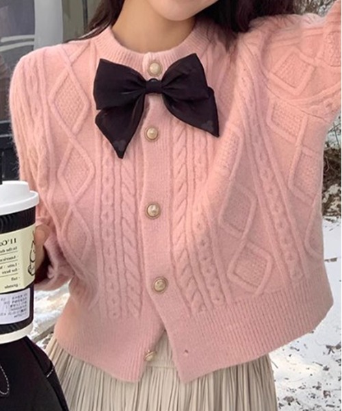 【セール】 RIBBON ＆ CABLE KNIT CARDIGAN SET / リボンニットカーディガン セット（ニット/セーター