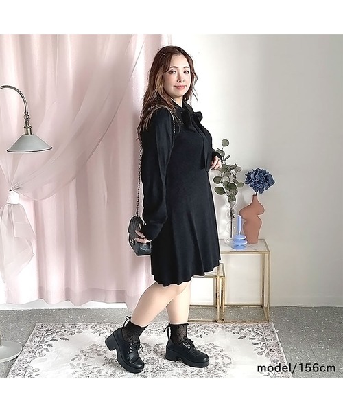 GOLDJAPAN（ゴールドジャパン）の「ボウタイニットワンピース【大きいサイズ対応】（ワンピース・レディース・ダークパープル/ブラック・4L/LL/5L/3L）」の7枚目の写真