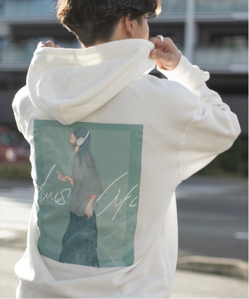 SUGGESTION(サジェッション)の「SUGGESTION エモ系グラフィックPT裏毛プルパーカー(パーカー・メンズ・オフホワイト/ライトブルー/ブラック・L/M)」の2枚目の写真