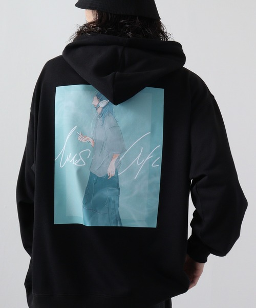 SUGGESTION(サジェッション)の「SUGGESTION エモ系グラフィックPT裏毛プルパーカー(パーカー・メンズ・オフホワイト/ライトブルー/ブラック・L/M)」の10枚目の写真