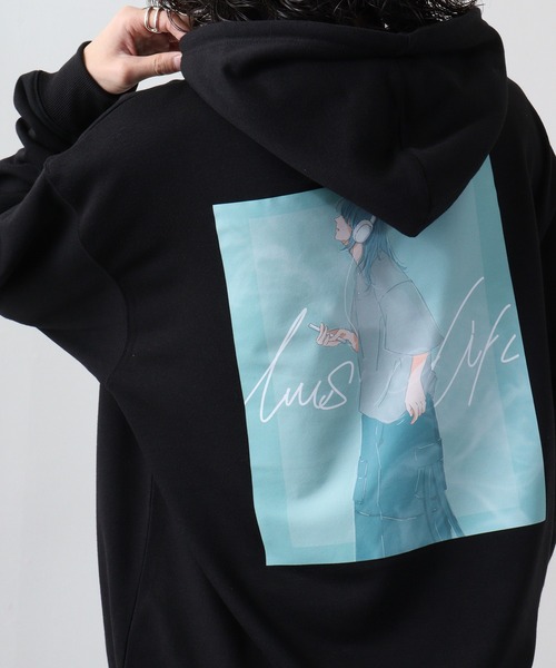 SUGGESTION(サジェッション)の「SUGGESTION エモ系グラフィックPT裏毛プルパーカー(パーカー・メンズ・オフホワイト/ライトブルー/ブラック・L/M)」の9枚目の写真