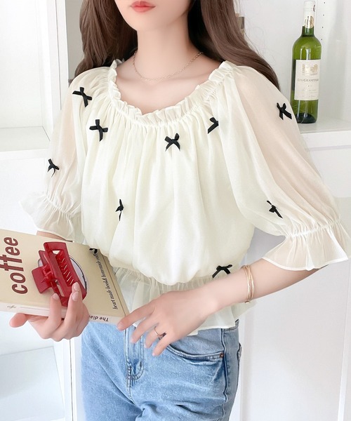 mily bilet(ミウィビレット)の「【mily bilet】主役級に映える大人ガーリーitem。シアーシャイニーリボン付きブラウス(シャツ/ブラウス・レディース・アイボリー/チャコールグレー/ライトグレー・LARGE/MEDIUM/SMALL/X-LARGE)」の7枚目の写真