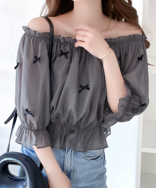 mily bilet(ミウィビレット)の「【mily bilet】主役級に映える大人ガーリーitem。シアーシャイニーリボン付きブラウス(シャツ/ブラウス・レディース・アイボリー/チャコールグレー/ライトグレー・LARGE/MEDIUM/SMALL/X-LARGE)」の11枚目の写真