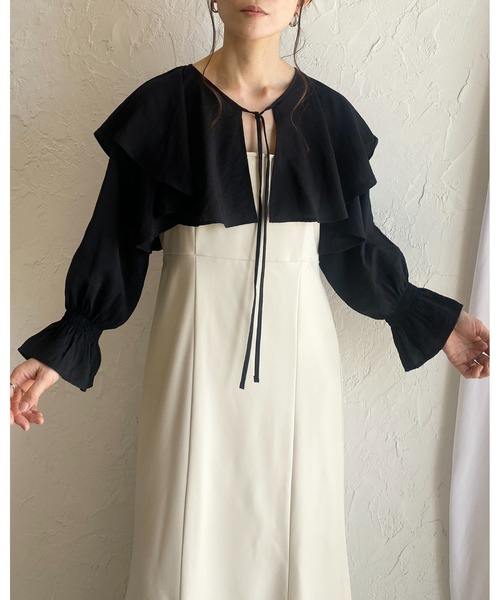 She's Closet(シーズクローゼット)の「フリルカラービッグ襟ショート丈長袖リボンボレロブラウスカーディガン(シャツ/ブラウス・レディース・ブラック/ホワイト・FREE)」の5枚目の写真