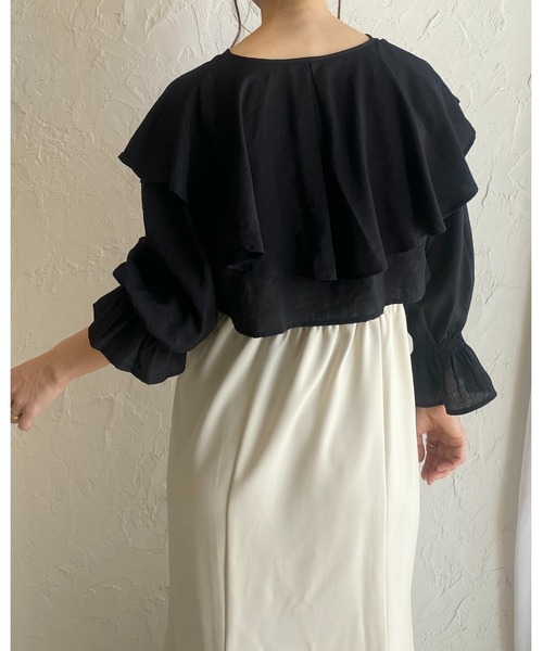 She's Closet(シーズクローゼット)の「フリルカラービッグ襟ショート丈長袖リボンボレロブラウスカーディガン(シャツ/ブラウス・レディース・ブラック/ホワイト・FREE)」の8枚目の写真