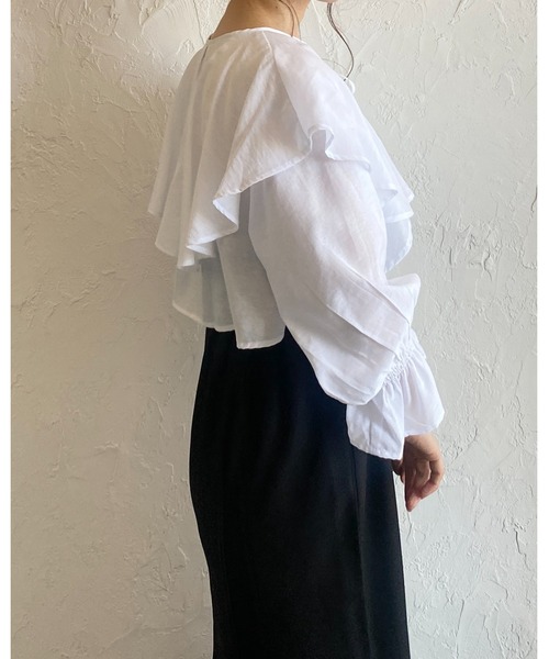 She's Closet(シーズクローゼット)の「フリルカラービッグ襟ショート丈長袖リボンボレロブラウスカーディガン(シャツ/ブラウス・レディース・ブラック/ホワイト・FREE)」の10枚目の写真