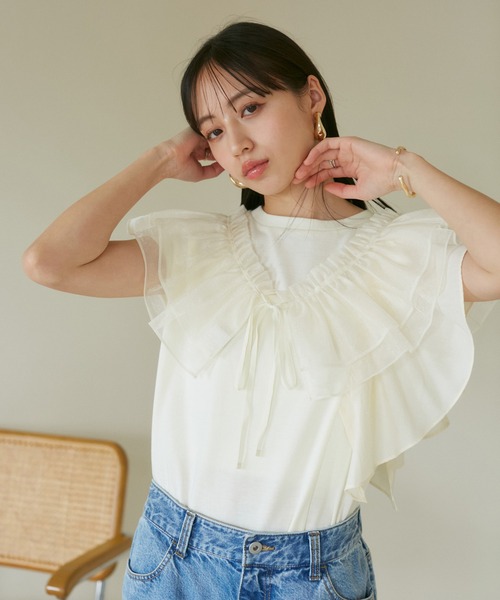 VIS（ビス）の「【SET】サッシュ付きフリルドッキングプルオーバー（Tシャツ/カットソー・レディース・ホワイト/ベージュ/スミクロ・FREE）」の22枚目の写真