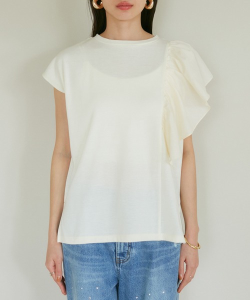 VIS（ビス）の「【SET】サッシュ付きフリルドッキングプルオーバー（Tシャツ/カットソー・レディース・ホワイト/ベージュ/スミクロ・FREE）」の6枚目の写真