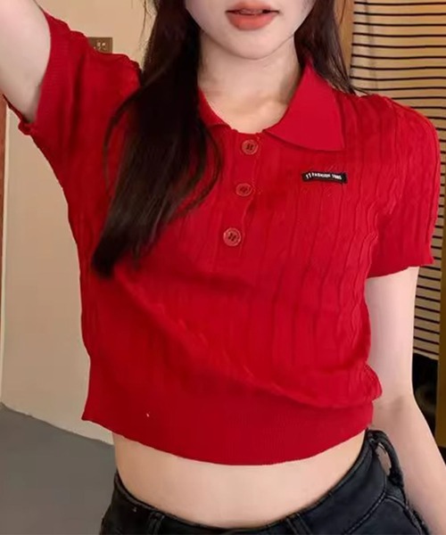 GLAMOROUS JANE（グラマラスジェーン）の「ケーブルニットポロ衿クロップド丈半袖トップス（Tシャツ/カットソー・レディース・ピンク/ベージュ/レッド/ブラック/ブルー・FREE）」の5枚目の写真