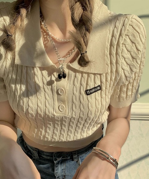 GLAMOROUS JANE（グラマラスジェーン）の「ケーブルニットポロ衿クロップド丈半袖トップス（Tシャツ/カットソー・レディース・ピンク/ベージュ/レッド/ブラック/ブルー・FREE）」の21枚目の写真